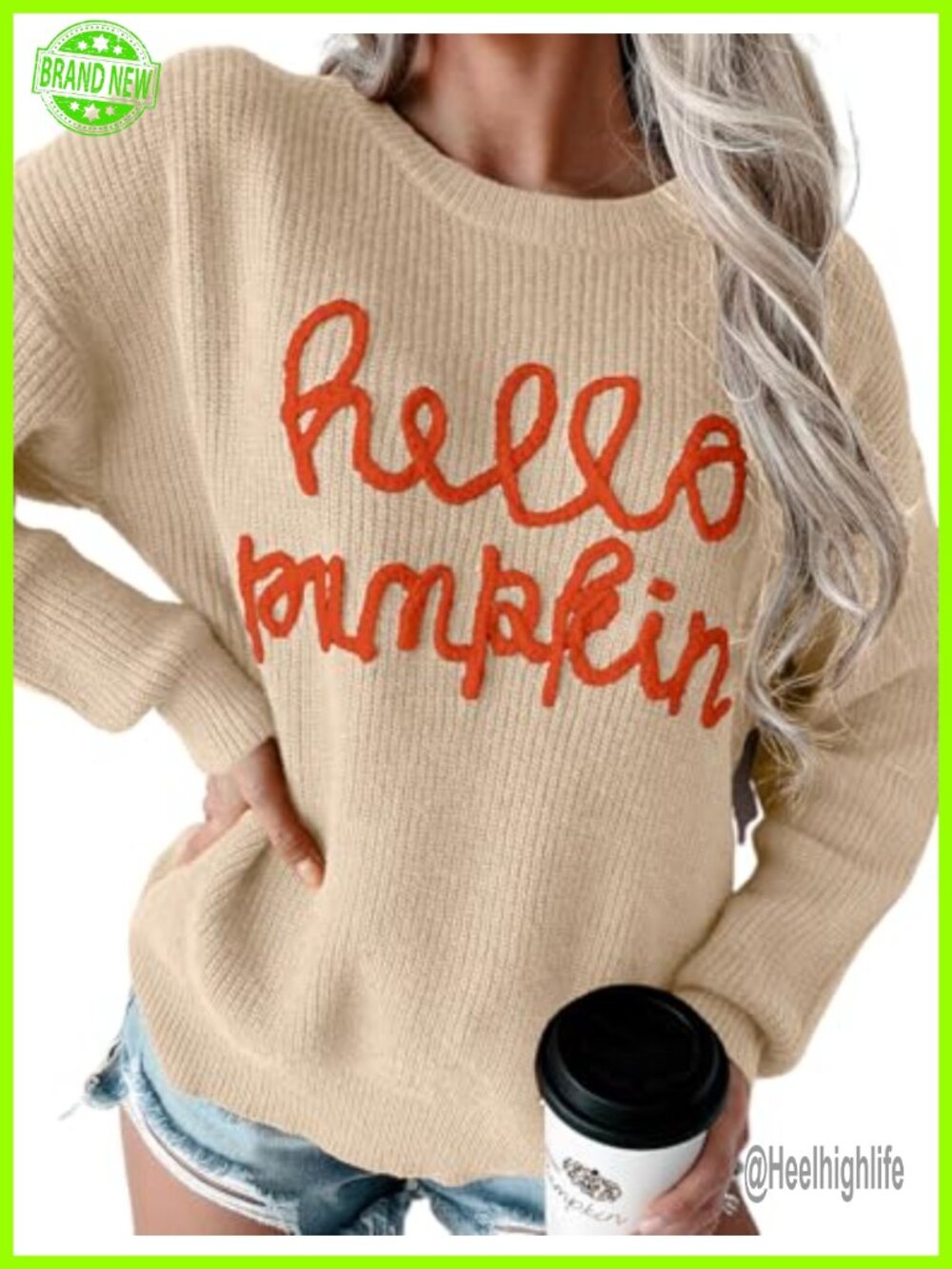 Women Halloween Hello Pumpkin Knit Pullover Sweater Crew Neck Long Sleeve